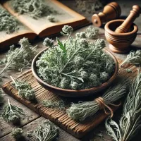 Dall e 2025 03 06 09 44 29 a realistic photograph style image of dried absinthe wormwood arranged on a rustic wooden table the dried herb is finely textured with silvery gree