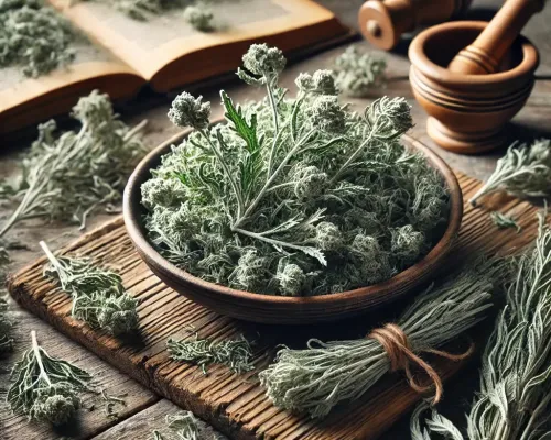 Dall e 2025 03 06 09 44 29 a realistic photograph style image of dried absinthe wormwood arranged on a rustic wooden table the dried herb is finely textured with silvery gree