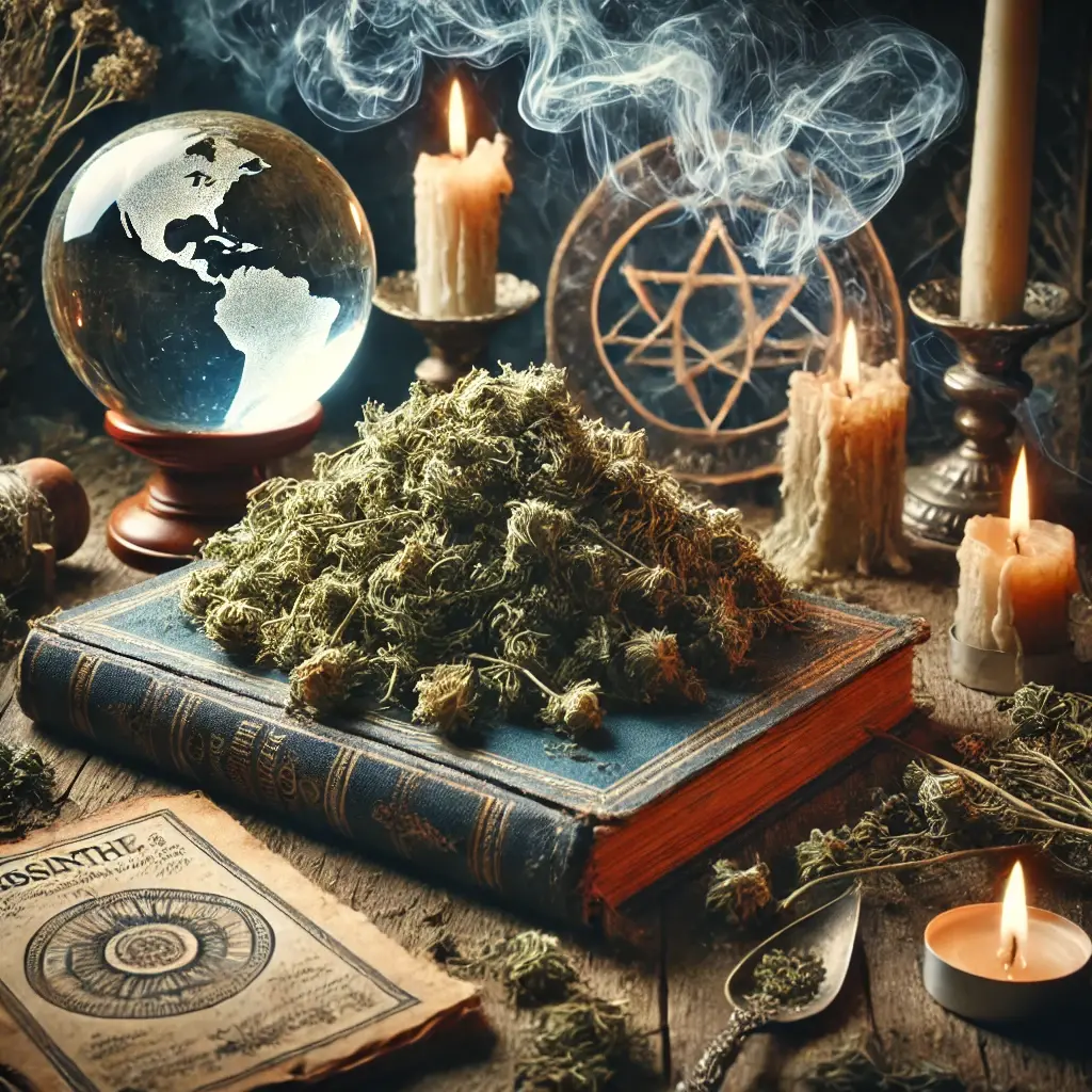 Dall e 2025 03 06 10 12 07 a mystical and enchanting scene featuring dried wormwood absinthe arranged on an ancient wooden altar the herb is surrounded by candles casting a s