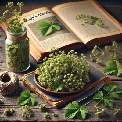 Dall e 2025 03 07 11 22 47 a realistic photograph style image of dried lady s mantle alchemilla arranged on a rustic wooden surface the dried herb consists of finely textured