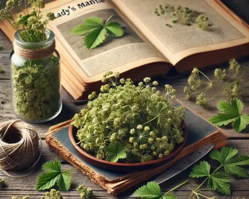 Dall e 2025 03 07 11 22 47 a realistic photograph style image of dried lady s mantle alchemilla arranged on a rustic wooden surface the dried herb consists of finely textured