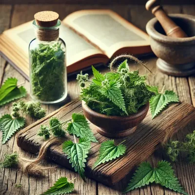Dall e 2025 03 07 11 56 34 a realistic photograph style image of dried stinging nettle urtica dioica arranged on a rustic wooden surface the dried leaves are deep green slig