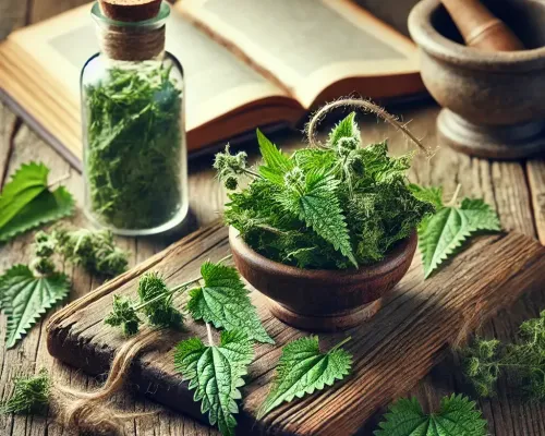 Dall e 2025 03 07 11 56 34 a realistic photograph style image of dried stinging nettle urtica dioica arranged on a rustic wooden surface the dried leaves are deep green slig