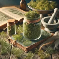 Dall e 2025 03 07 15 07 35 a realistic photograph style image of dried dill anethum graveolens arranged on a rustic wooden surface the dried herb consists of finely textured 