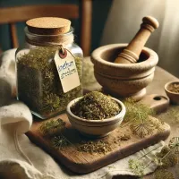 Dall e 2025 03 07 15 07 40 a realistic photograph style image of dried dill anethum graveolens in a rustic kitchen setting the dried herb is spread out on a wooden cutting bo