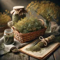 Dall e 2025 03 07 15 07 47 a realistic photograph style image of dried dill anethum graveolens arranged in a different rustic setting the dried herb is placed in a woven bask