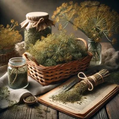 Dall e 2025 03 07 15 07 47 a realistic photograph style image of dried dill anethum graveolens arranged in a different rustic setting the dried herb is placed in a woven bask