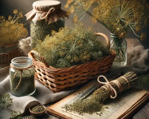 Dall e 2025 03 07 15 07 47 a realistic photograph style image of dried dill anethum graveolens arranged in a different rustic setting the dried herb is placed in a woven bask