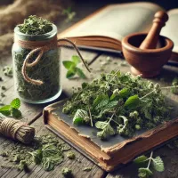 Dall e 2025 03 07 15 35 35 a realistic photograph style image of dried pennyroyal mint mentha pulegium arranged on a rustic wooden surface the dried herb consists of finely t
