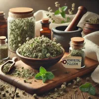 Dall e 2025 03 07 15 35 40 a realistic photograph style image of dried pennyroyal mint mentha pulegium in a rustic herbal apothecary setting the dried herb is spread out on a
