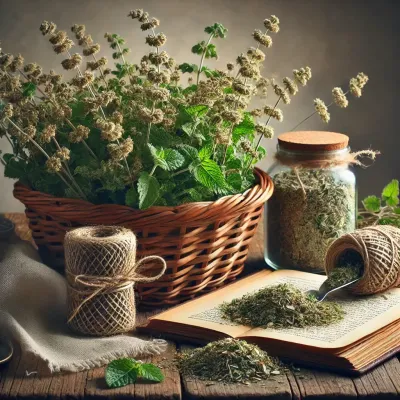 Dall e 2025 03 07 15 35 44 a realistic photograph style image of dried pennyroyal mint mentha pulegium arranged in a rustic kitchen setting the dried herb is placed in a wove