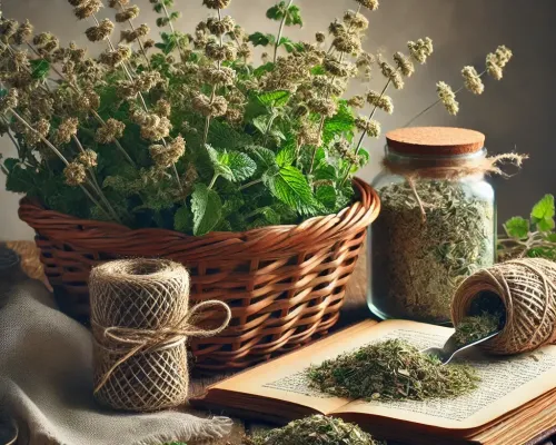 Dall e 2025 03 07 15 35 44 a realistic photograph style image of dried pennyroyal mint mentha pulegium arranged in a rustic kitchen setting the dried herb is placed in a wove