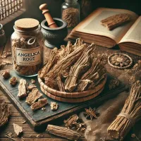 Dall e 2025 03 07 15 52 10 a realistic photograph style image of dried angelica root angelica archangelica arranged on a rustic wooden surface the dried root pieces are light