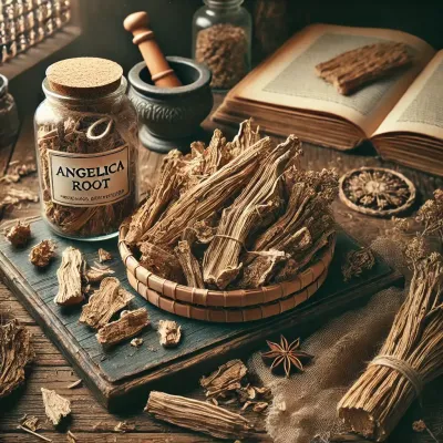 Dall e 2025 03 07 15 52 10 a realistic photograph style image of dried angelica root angelica archangelica arranged on a rustic wooden surface the dried root pieces are light