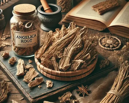 Dall e 2025 03 07 15 52 10 a realistic photograph style image of dried angelica root angelica archangelica arranged on a rustic wooden surface the dried root pieces are light