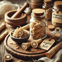 Dall e 2025 03 07 15 52 15 a realistic photograph style image of dried angelica root angelica archangelica displayed in a rustic apothecary setting the dried root pieces are 