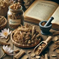 Dall e 2025 03 07 17 35 46 a realistic photograph style image of dried water lily root nymphaea arranged on a rustic wooden surface the dried root pieces are light brown sli