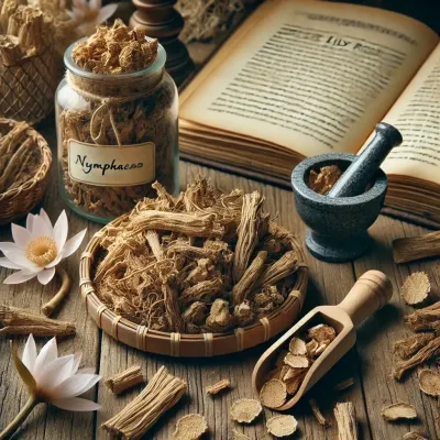 Dall e 2025 03 07 17 35 46 a realistic photograph style image of dried water lily root nymphaea arranged on a rustic wooden surface the dried root pieces are light brown sli