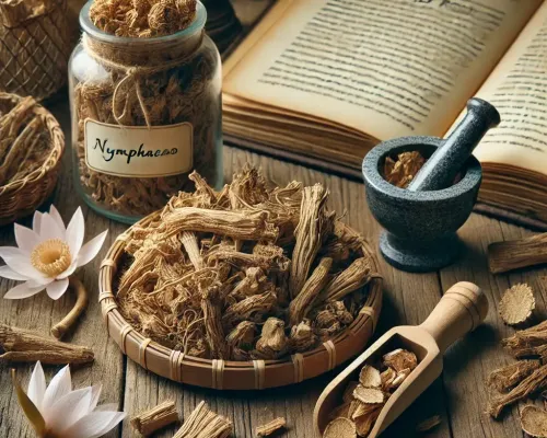 Dall e 2025 03 07 17 35 46 a realistic photograph style image of dried water lily root nymphaea arranged on a rustic wooden surface the dried root pieces are light brown sli