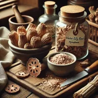 Dall e 2025 03 07 17 35 55 a realistic photograph style image of dried water lily root nymphaea in a rustic herbal apothecary setting the dried root pieces are arranged on a 