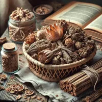 Dall e 2025 03 07 17 37 31 a realistic photograph style image of dried water lily root nymphaea arranged in a rustic kitchen setting the dried root pieces are placed in a wov