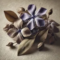 Dall e 2025 03 13 11 45 52 a realistic close up image of dried periwinkle flowers vinca minor the petals are a soft faded violet with a slightly curled and delicate texture