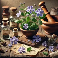 Dall e 2025 03 13 11 45 56 a realistic image of dried periwinkle flowers vinca minor arranged in an apothecary style setting the flowers and leaves are placed on an old woode