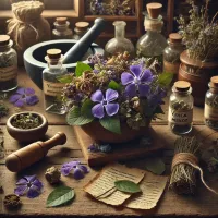 Dall e 2025 03 13 11 47 23 a realistic image of dried periwinkle vinca minor in an apothecary style setting the dried flowers and leaves with faded violet petals and brittle
