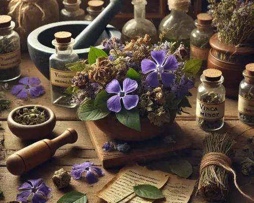 Dall e 2025 03 13 11 47 23 a realistic image of dried periwinkle vinca minor in an apothecary style setting the dried flowers and leaves with faded violet petals and brittle