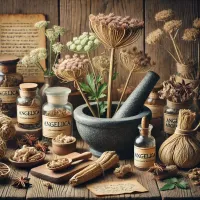 Dall e 2025 03 13 12 00 54 a realistic image of dried angelica angelica archangelica in an apothecary style setting the dried roots stems and leaves are arranged on an old 