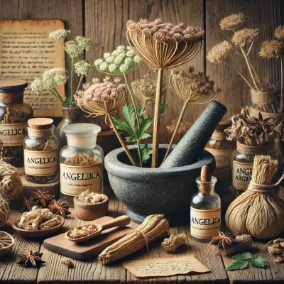 Dall e 2025 03 13 12 00 54 a realistic image of dried angelica angelica archangelica in an apothecary style setting the dried roots stems and leaves are arranged on an old 