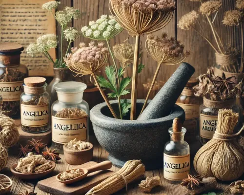 Dall e 2025 03 13 12 00 54 a realistic image of dried angelica angelica archangelica in an apothecary style setting the dried roots stems and leaves are arranged on an old 