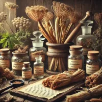 Dall e 2025 03 13 12 00 58 a realistic image of dried angelica angelica archangelica in a traditional herbalist setting the dried roots stems and leaves are carefully arran