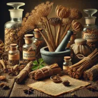 Dall e 2025 03 13 12 01 02 an ultra realistic image of dried angelica angelica archangelica in a traditional herbalist setting the dried roots stems and leaves are carefull