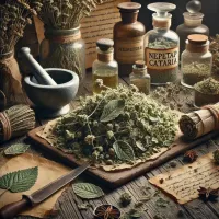 Dall e 2025 03 13 15 53 53 a highly realistic image of dried catnip nepeta cataria in a traditional herbalist setting captured from a unique perspective the dried leaves and