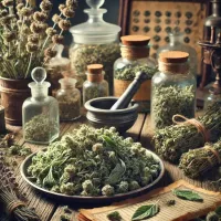 Dall e 2025 03 13 15 53 57 a realistic image of dried catnip nepeta cataria in a traditional herbalist setting viewed from a different angle the dried leaves and flowers are