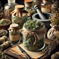 Dall e 2025 03 13 15 54 03 a realistic image of dried catnip nepeta cataria in a traditional herbalist setting the dried leaves and flowers are arranged on a rustic wooden ta