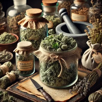 Dall e 2025 03 13 15 54 03 a realistic image of dried catnip nepeta cataria in a traditional herbalist setting the dried leaves and flowers are arranged on a rustic wooden ta