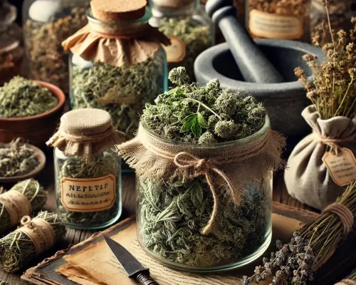 Dall e 2025 03 13 15 54 03 a realistic image of dried catnip nepeta cataria in a traditional herbalist setting the dried leaves and flowers are arranged on a rustic wooden ta