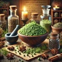 Dall e 2025 03 13 18 14 25 a realistic and mystical image of green anise seeds pimpinella anisum displayed in an apothecary style setting the seeds are arranged in a rustic w
