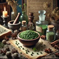 Dall e 2025 03 13 18 14 29 a highly detailed and mystical image of green anise seeds pimpinella anisum arranged in an apothecary style setting the seeds are placed in a small