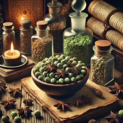 Dall e 2025 03 13 18 14 34 a highly detailed and mystical image of dried green anise seeds pimpinella anisum in an apothecary style setting the seeds with their textured and
