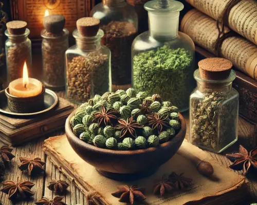 Dall e 2025 03 13 18 14 34 a highly detailed and mystical image of dried green anise seeds pimpinella anisum in an apothecary style setting the seeds with their textured and