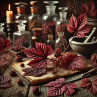 Dall e 2025 03 13 18 24 52 a highly realistic image of dried red vine leaves vitis vinifera arranged in an apothecary style setting the leaves with their deep red and brown 