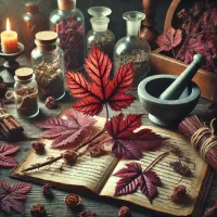Dall e 2025 03 13 18 24 55 a realistic and mystical image of dried red vine leaves vitis vinifera arranged in a traditional herbalist setting the leaves with their deep red 