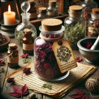 Dall e 2025 03 13 18 24 59 a realistic and mystical image of dried red vine leaves vitis vinifera stored in an antique glass jar with a cork lid placed on a rustic wooden tab