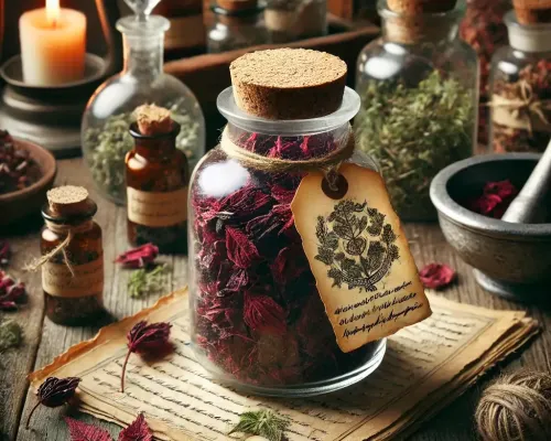 Dall e 2025 03 13 18 24 59 a realistic and mystical image of dried red vine leaves vitis vinifera stored in an antique glass jar with a cork lid placed on a rustic wooden tab