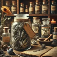 Dall e 2025 03 13 18 43 56 a realistic photograph of dried california poppy leaves stored in glass jars in a mystical herbalist setting the jars are placed on a rustic wooden s