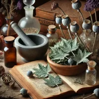 Dall e 2025 03 13 18 44 00 a realistic photograph of dried california poppy leaves in a mystical herbalist setting the dried leaves are scattered on a rustic wooden table acco