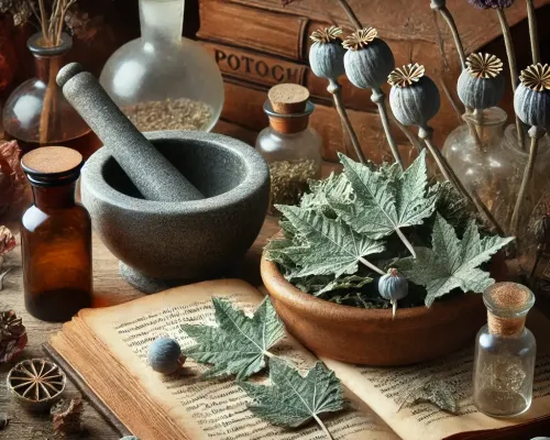 Dall e 2025 03 13 18 44 00 a realistic photograph of dried california poppy leaves in a mystical herbalist setting the dried leaves are scattered on a rustic wooden table acco